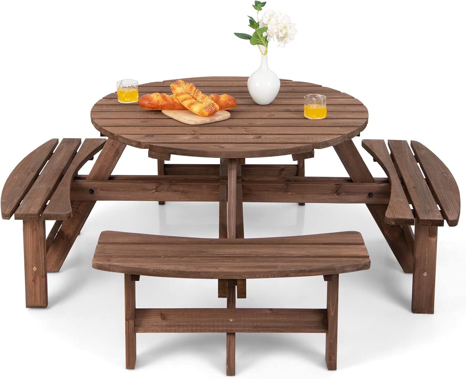 GIANTEX Salon de Jardin 8 Personnes en Bois de Sapin Marron – Table Extérieure avec Chaises et Trou de Parasol, 178 x 178 x 70 cm, 35,5 kg, Style Français-Luxemybase