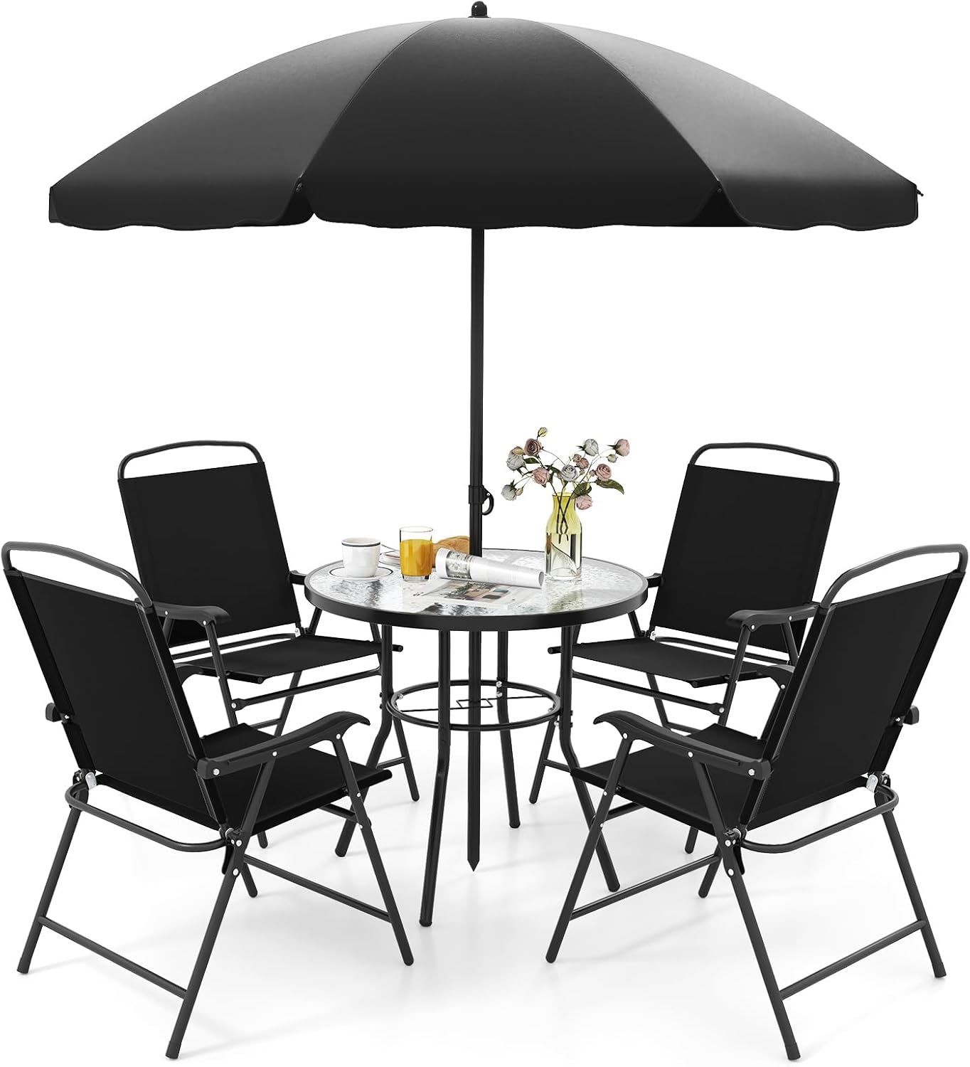 KOMFOTTEU Ensemble de Salon de Jardin 6 Pièces Noir pour 4 Personnes – 4 Fauteuils, 1 Table Ronde et 1 Parasol, Mobilier d’Extérieur Moderne, 58 x 54,5 x 87 cm, 23 kg-Luxemybase