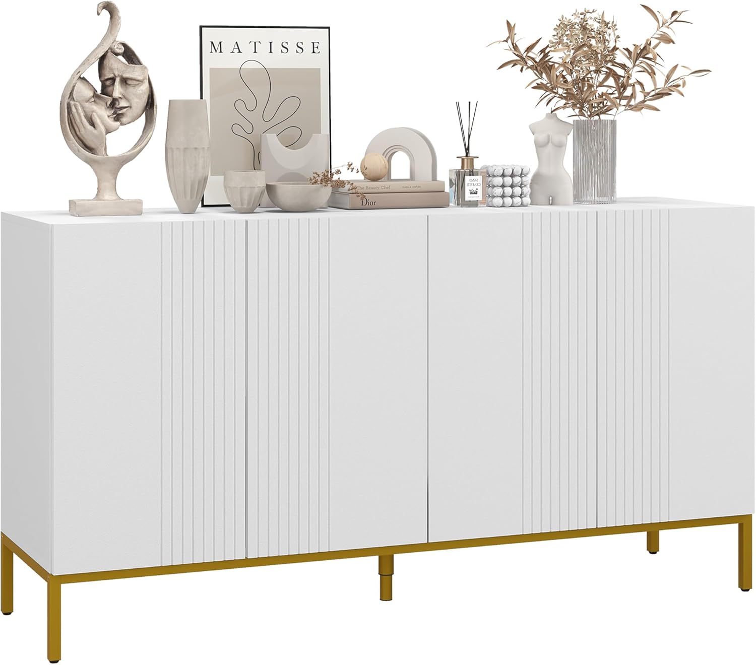 HOMCOM Buffet 140x75x40 cm blanc avec pieds métal doré, meuble de rangement contemporain 2 placards avec étagères réglables, design graphique-Luxemybase