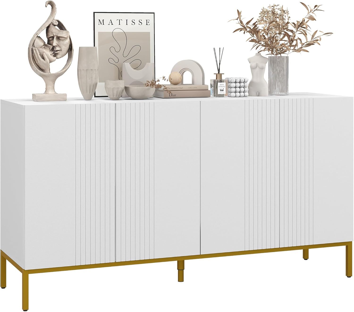 HOMCOM Buffet 140x75x40 cm blanc avec pieds métal doré, meuble de rangement contemporain 2 placards avec étagères réglables, design graphique-Luxemybase