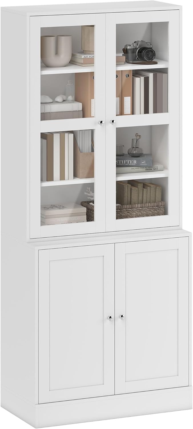 HOMCOM Bibliothèque Vitrine Blanc 178,5 x 76 x 40 cm, Buffet de Rangement avec 2 Portes en Verre, 2 Portes en Bois et 4 Étagères Réglables, Style Contemporain-Luxemybase