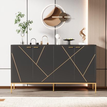 PUGSDRLY Buffet 150x80x40 cm noir avec pieds métal doré, meuble de rangement cuisine et salon avec étagères réglables, design moderne-Luxemybase
