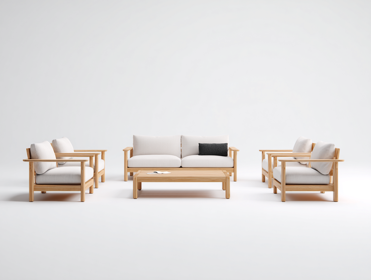 Canapé de jardin en bois avec table basse et fauteuils 220x80x75 cm - beige-marron - style moderne pour extérieur-Luxemybase