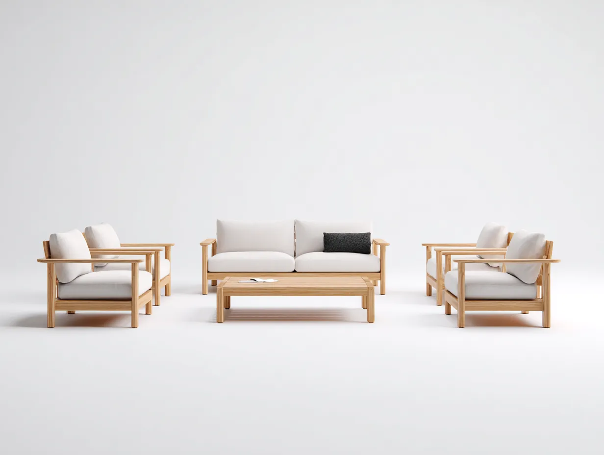 Canapé de jardin en bois avec table basse et fauteuils 220x80x75 cm - beige-marron - style moderne pour extérieur-Luxemybase