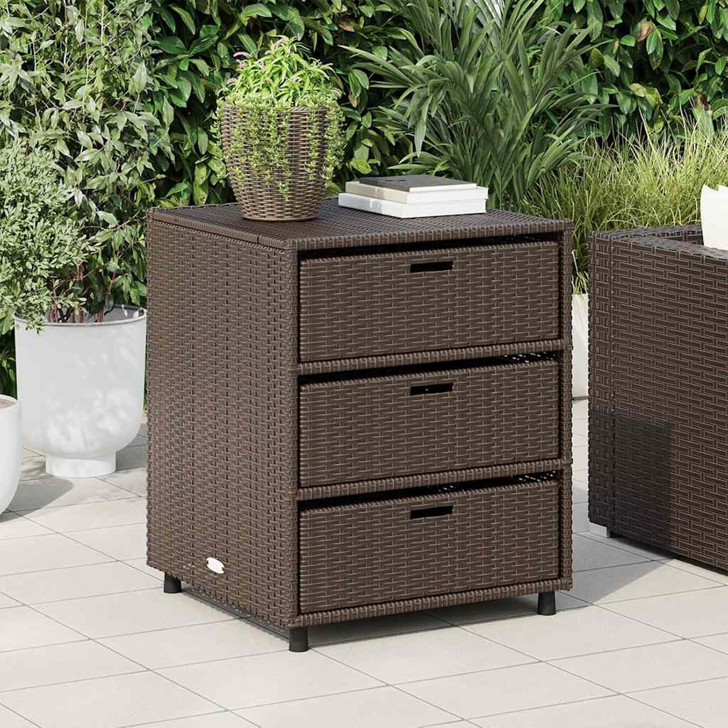 Gecheer Armoire de rangement de jardin Marron 55 x 59 x 69 cm en résine tressée 3 tiroirs Coffre extérieur pour pelouse piscine terrasse Montage au sol-Luxemybase