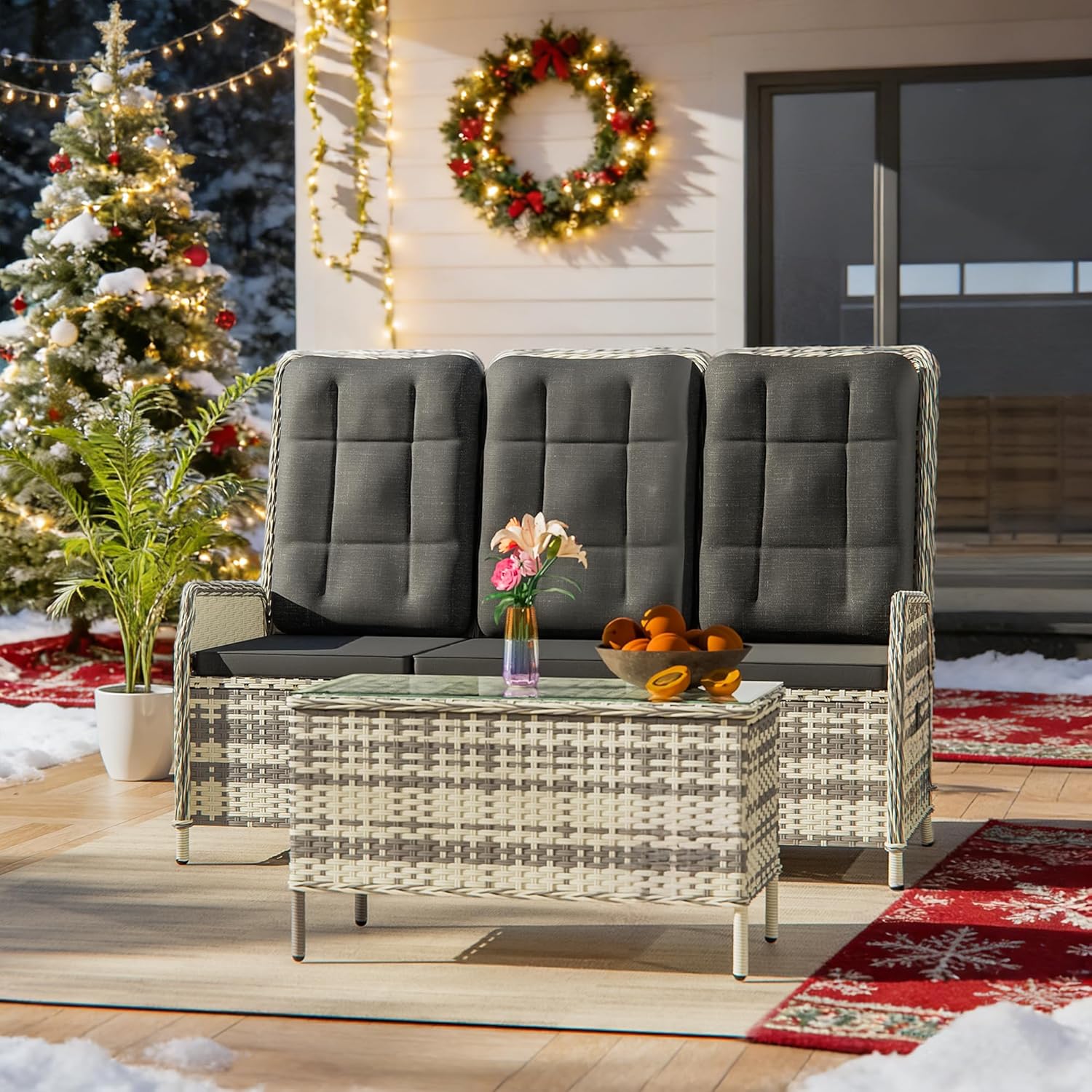 Gotland Salon de Jardin 3 Places Noir Réglable – Dossier Inclinaison 118°, Accoudoirs en Rotin et Coussin Résistant aux Intempéries, 161 x 79 x 101 cm, 45 kg, Assemblage Requis-Luxemybase