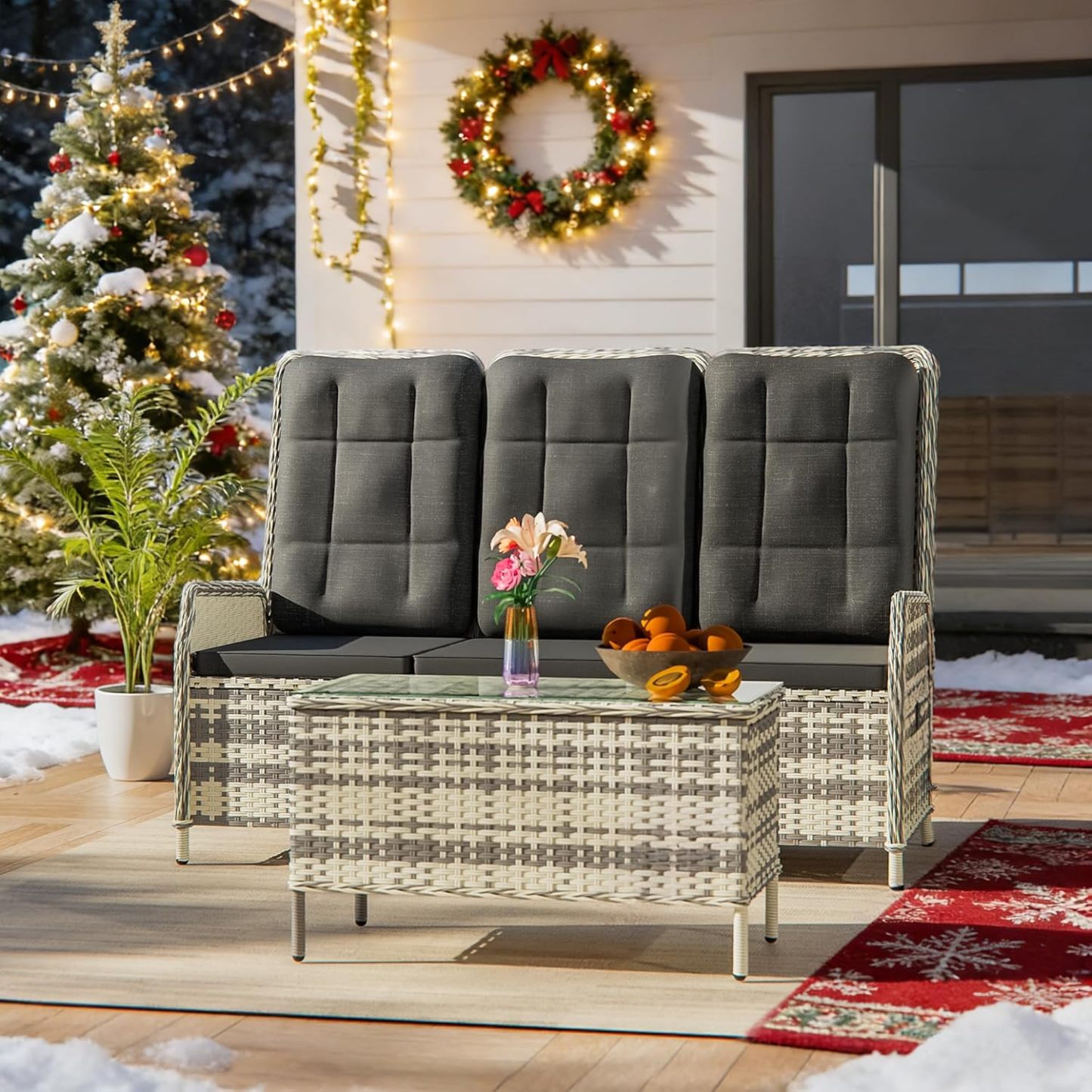 Gotland Salon de Jardin 3 Places Noir Réglable – Dossier Inclinaison 118°, Accoudoirs en Rotin et Coussin Résistant aux Intempéries, 161 x 79 x 101 cm, 45 kg, Assemblage Requis-Luxemybase