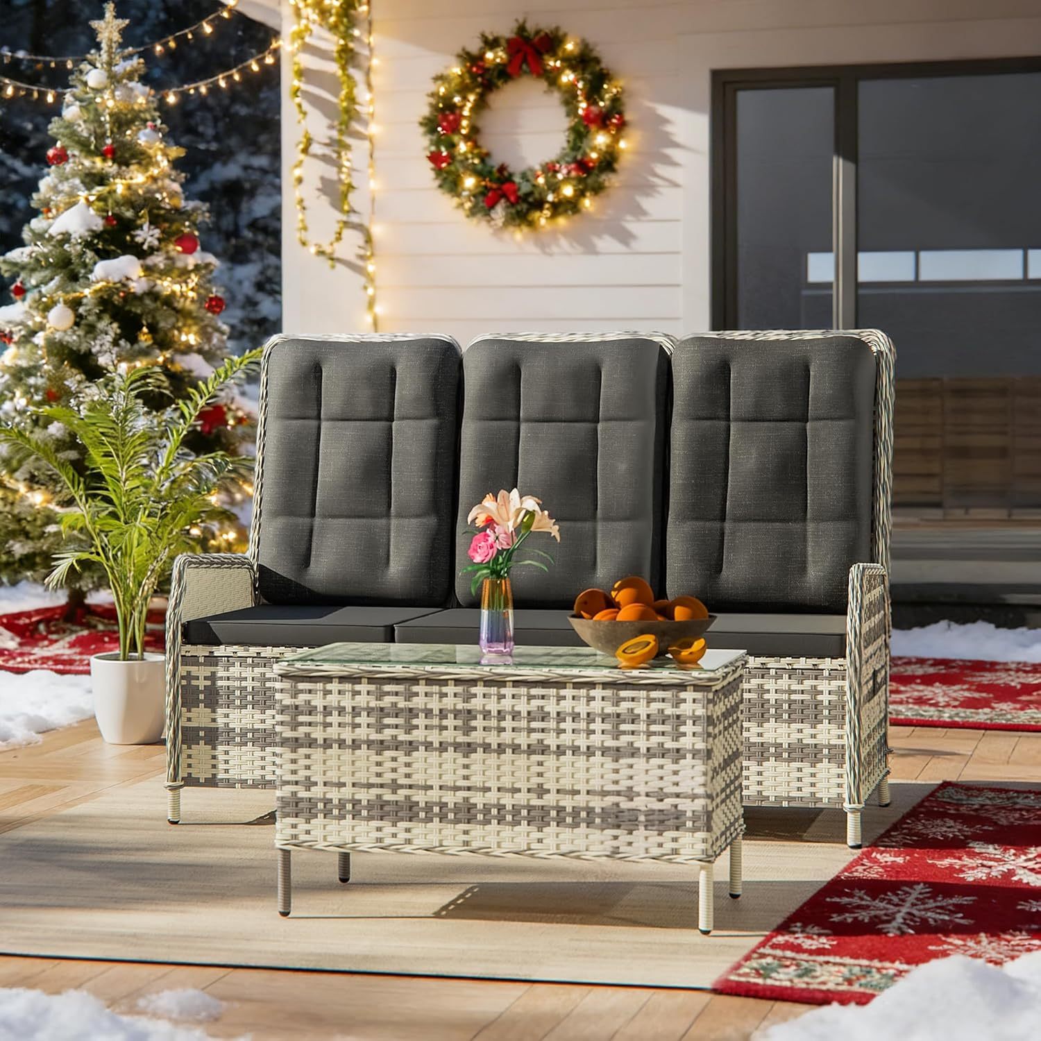 Gotland Salon de Jardin 3 Places Noir Réglable – Dossier Inclinaison 118°, Accoudoirs en Rotin et Coussin Résistant aux Intempéries, 161 x 79 x 101 cm, 45 kg, Assemblage Requis-Luxemybase