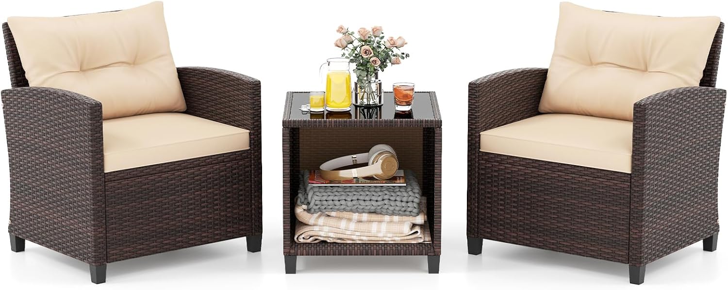 GIANTEX Salon de Jardin Extérieur en Rotin 3 Pièces Marron et Beige – 2 Fauteuils 66 x 66 x 77 cm avec Coussins Amovibles et Table Basse 45 x 45 x 44 cm en Verre Trempé, 27 kg, Style Moderne-Luxemybase