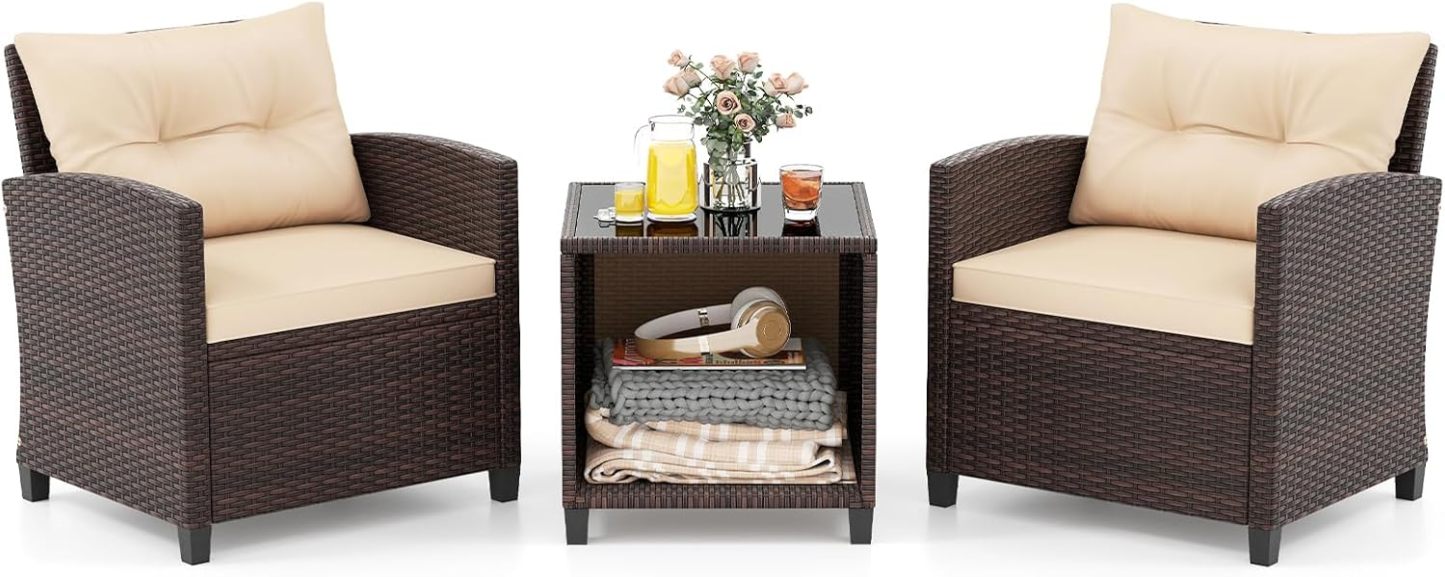 GIANTEX Salon de Jardin Extérieur en Rotin 3 Pièces Marron et Beige – 2 Fauteuils 66 x 66 x 77 cm avec Coussins Amovibles et Table Basse 45 x 45 x 44 cm en Verre Trempé, 27 kg, Style Moderne-Luxemybase
