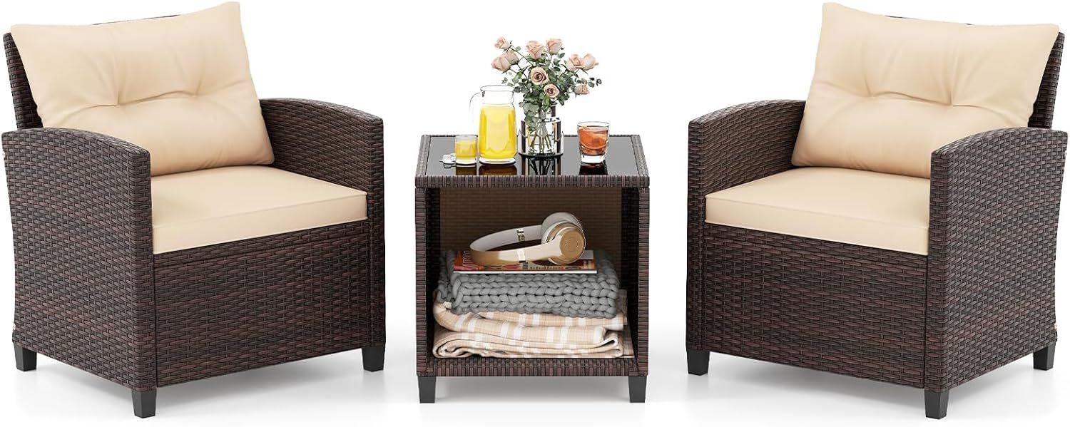 GIANTEX Salon de Jardin Extérieur en Rotin 3 Pièces Marron et Beige – 2 Fauteuils 66 x 66 x 77 cm avec Coussins Amovibles et Table Basse 45 x 45 x 44 cm en Verre Trempé, 27 kg, Style Moderne-Luxemybase
