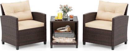 GIANTEX Salon de Jardin Extérieur en Rotin 3 Pièces Marron et Beige – 2 Fauteuils 66 x 66 x 77 cm avec Coussins Amovibles et Table Basse 45 x 45 x 44 cm en Verre Trempé, 27 kg, Style Moderne-Luxemybase