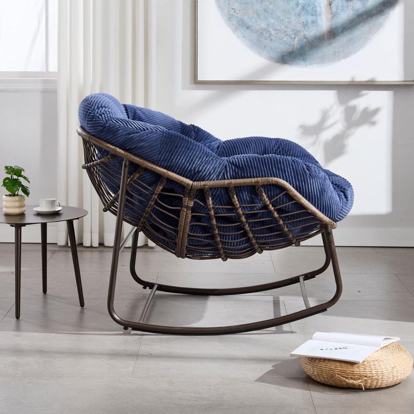 Sweiko Fauteuil à bascule en rotin bleu marine avec coussin, chaise de loisir ergonomique pour terrasse jardin salon porche-Luxemybase