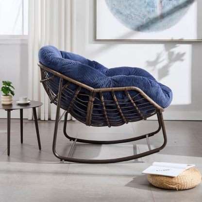 Sweiko Fauteuil à bascule en rotin bleu marine avec coussin, chaise de loisir ergonomique pour terrasse jardin salon porche-Luxemybase