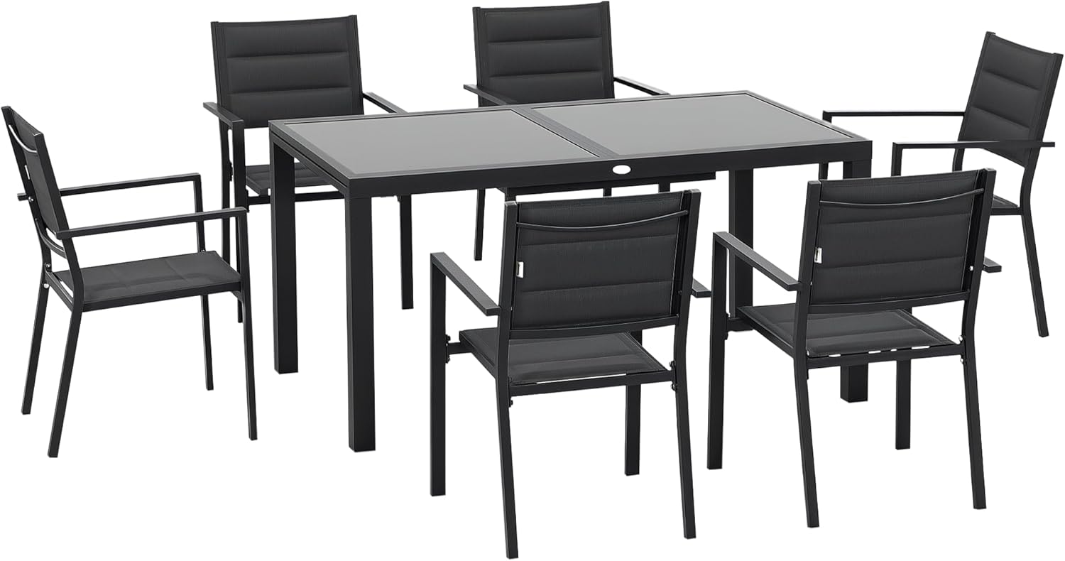 Outsunny Salon de Jardin Extérieur Aluminium et Textilène Gris Foncé – Table Extensible 150/210 x 90 x 75 cm avec 6 Chaises Empilables, 6 Personnes, Style Contemporain, 30 kg-Luxemybase
