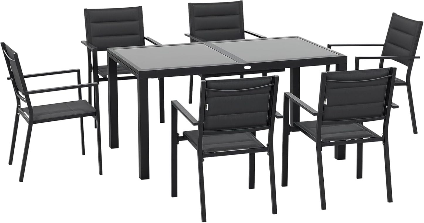 Outsunny Salon de Jardin Extérieur Aluminium et Textilène Gris Foncé – Table Extensible 150/210 x 90 x 75 cm avec 6 Chaises Empilables, 6 Personnes, Style Contemporain, 30 kg-Luxemybase