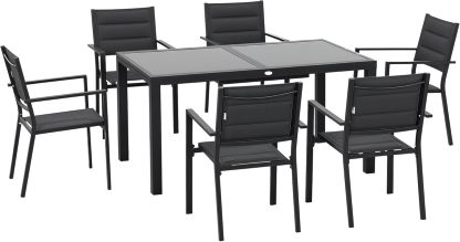 Outsunny Salon de Jardin Extérieur Aluminium et Textilène Gris Foncé – Table Extensible 150/210 x 90 x 75 cm avec 6 Chaises Empilables, 6 Personnes, Style Contemporain, 30 kg-Luxemybase