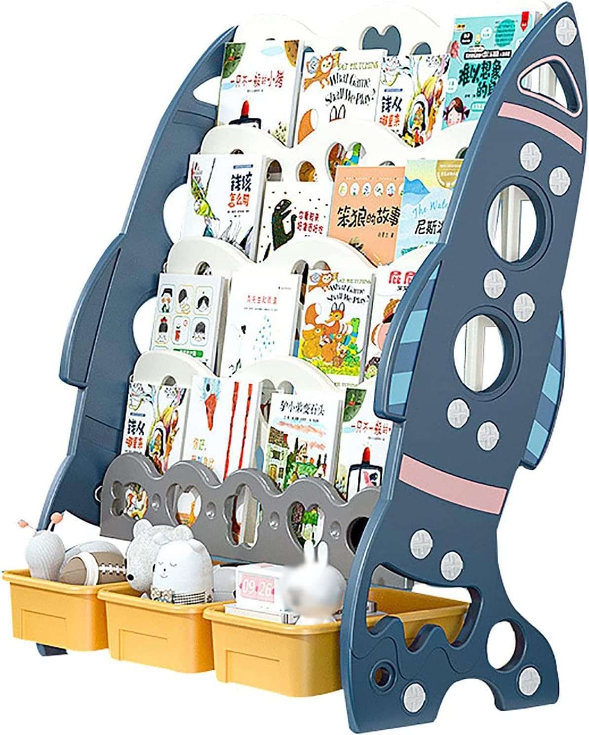 Generic Bibliothèque Enfant Motif Fusée à 5 Niveaux, Organiseur de Rangement pour Jouets, Étagère Rectangulaire sur Pied pour Chambre ou Salle de Jeux-Luxemybase