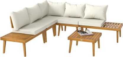 Outsunny Salon de Jardin d’Angle Extérieur 5 Places Modulable en Bois d’Acacia Crème – Canapés avec Coussins et Table Basse à Lattes, 100 x 67 x 72 cm, 62,8 kg-Luxemybase