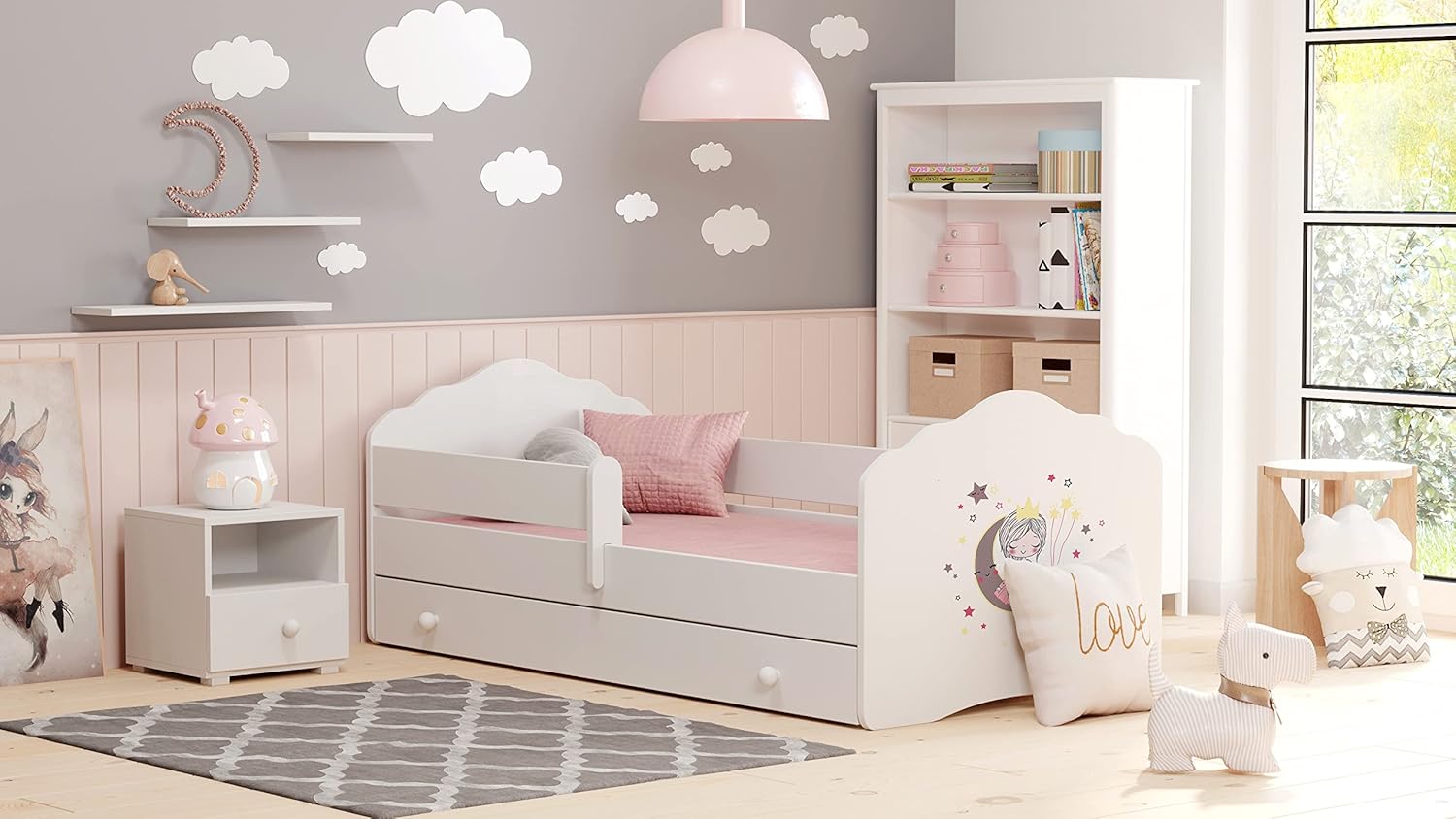 KOBI Lit Enfant FALA 160 x 80 cm Blanc Princesse Endormie avec Tiroir de Rangement, Matelas Inclus et Barrière de Sécurité, Style Simple et Moderne-Luxemybase