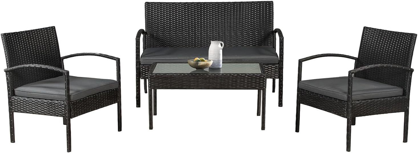Juskys Salon de Jardin Trinidad 4 Personnes en Rotin Synthétique Noir et Gris Foncé – Canapé, 2 Chaises et Table avec Coussins Gris, Ensemble 4 Pièces Moderne, Assemblage Requis-Luxemybase