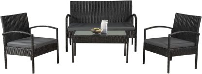 Juskys Salon de Jardin Trinidad 4 Personnes en Rotin Synthétique Noir et Gris Foncé – Canapé, 2 Chaises et Table avec Coussins Gris, Ensemble 4 Pièces Moderne, Assemblage Requis-Luxemybase