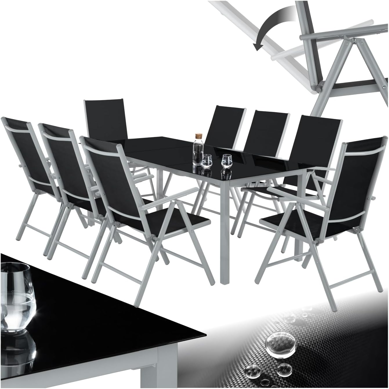 TecTake Salon de Jardin Extérieur en Aluminium Gris Argenté – Table Rectangulaire 189 x 90 x 72,7 cm avec 8 Fauteuils Inclinables Pliables, Mobilier Balcon et Terrasse, Assemblage Requis-Luxemybase