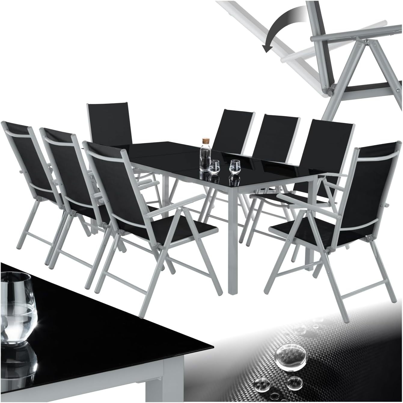 TecTake Salon de Jardin Extérieur en Aluminium Gris Argenté – Table Rectangulaire 189 x 90 x 72,7 cm avec 8 Fauteuils Inclinables Pliables, Mobilier Balcon et Terrasse, Assemblage Requis-Luxemybase