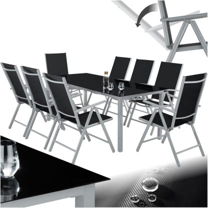 TecTake Salon de Jardin Extérieur en Aluminium Gris Argenté – Table Rectangulaire 189 x 90 x 72,7 cm avec 8 Fauteuils Inclinables Pliables, Mobilier Balcon et Terrasse, Assemblage Requis-Luxemybase