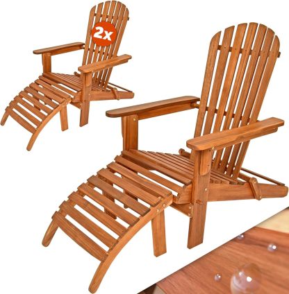 Casaria Lot de 2 chaises longues Adirondack en bois d’acacia brun avec repose-pieds, pliables, 131 x 69 x 94 cm-Luxemybase