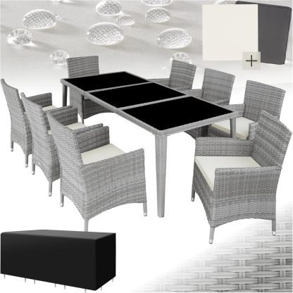 TecTake Salon de Jardin Extérieur en Aluminium Gris Clair – Table avec 8 Fauteuils en Rotin, Housses Lavables et Protection Incluse, 59 x 57 x 86 cm, 26 kg, Style Moderne-Luxemybase