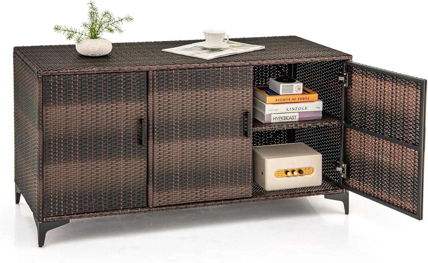 COSTWAY Coffre de Rangement Patio 318 L 135x50x70,5 cm Résine Tressée PE Marron 3 Portes Étanche-Luxemybase