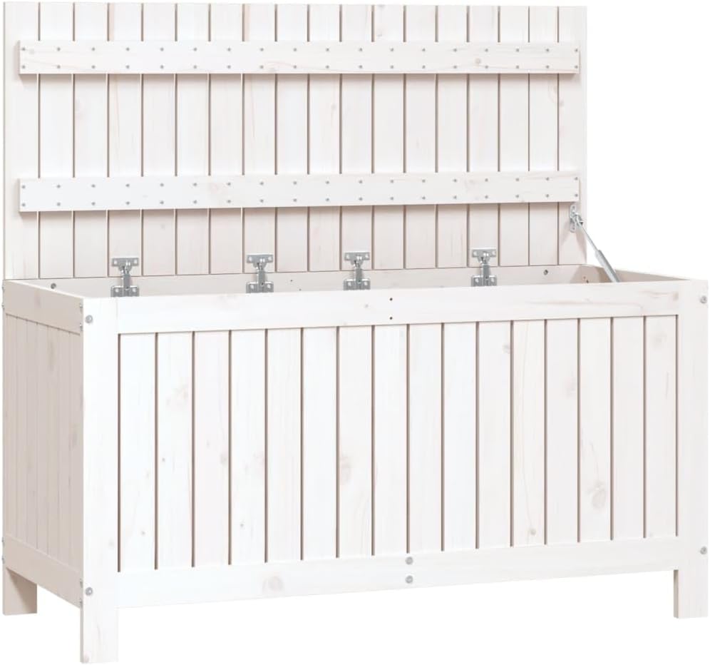 Tomostar Coffre de Jardin Extérieur 115 x 49 x 60 cm Blanc en Bois de Pin Boîte de Rangement pour Jardin et Terrasse-Luxemybase