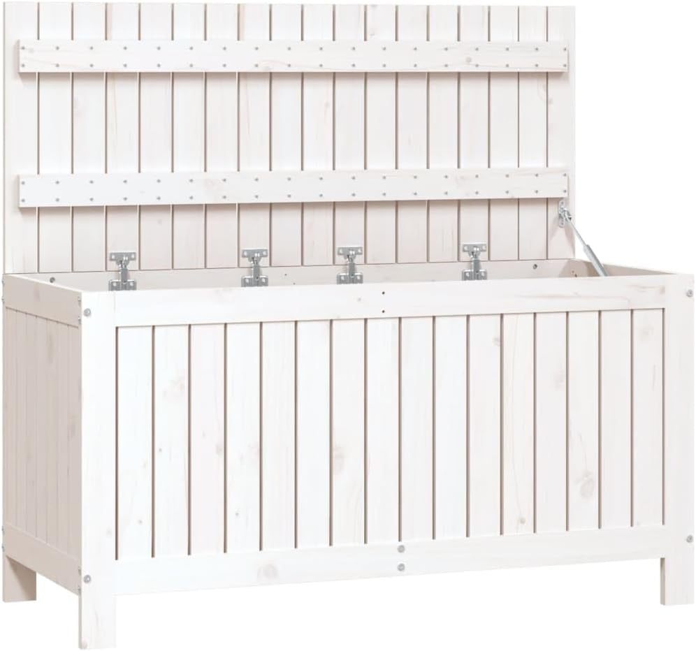 Tomostar Coffre de Jardin Extérieur 115 x 49 x 60 cm Blanc en Bois de Pin Boîte de Rangement pour Jardin et Terrasse-Luxemybase