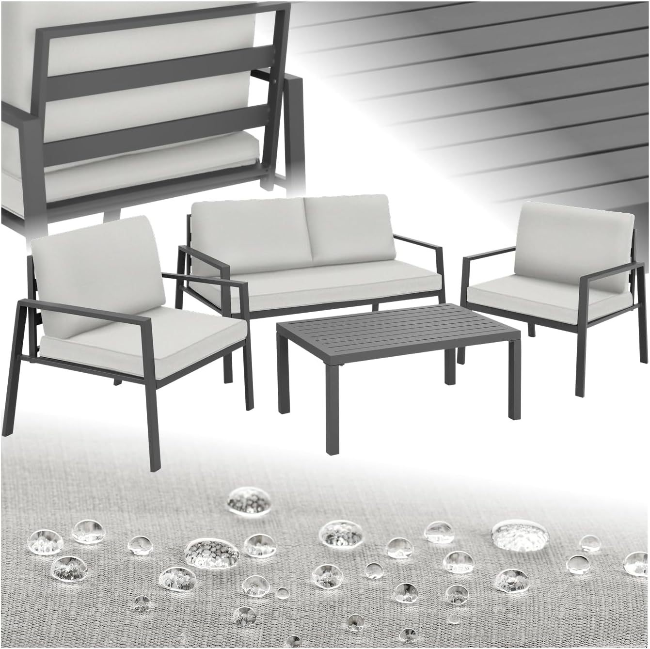 TecTake Salon de Jardin Extérieur 4 Personnes en Aluminium Gris Clair – Canapé 2 Places, 2 Fauteuils et Table de Jardin avec Coussins Inclus, 129 x 71 x 74 cm, 26,6 kg, Style Moderne-Luxemybase