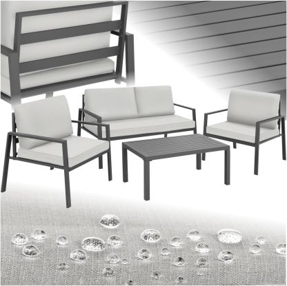 TecTake Salon de Jardin Extérieur 4 Personnes en Aluminium Gris Clair – Canapé 2 Places, 2 Fauteuils et Table de Jardin avec Coussins Inclus, 129 x 71 x 74 cm, 26,6 kg, Style Moderne-Luxemybase