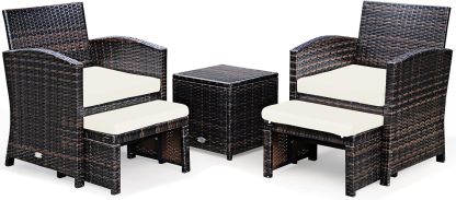 GIANTEX Salon de Jardin 2-4 Personnes en Résine Blanc – 2 Fauteuils, 2 Repose-Pieds, Table Basse en Verre Trempé avec Rangement, 59 x 53,5 x 77,5 cm, 23,4 kg, Style Française-Luxemybase