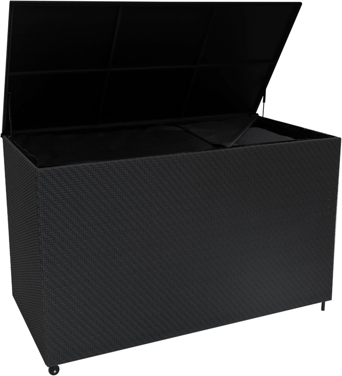 Coffre de Rangement Extérieur 996 L en Rotin Noir avec Cadre en Acier Couvercle à Vérin à Gaz Roulettes Amovibles Doublure Imperméable Style Moderne-Luxemybase