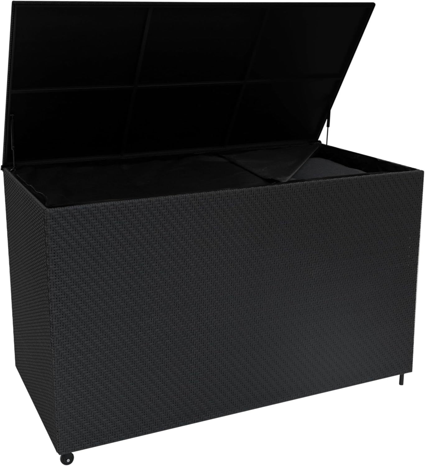 Coffre de Rangement Extérieur 996 L en Rotin Noir avec Cadre en Acier Couvercle à Vérin à Gaz Roulettes Amovibles Doublure Imperméable Style Moderne-Luxemybase