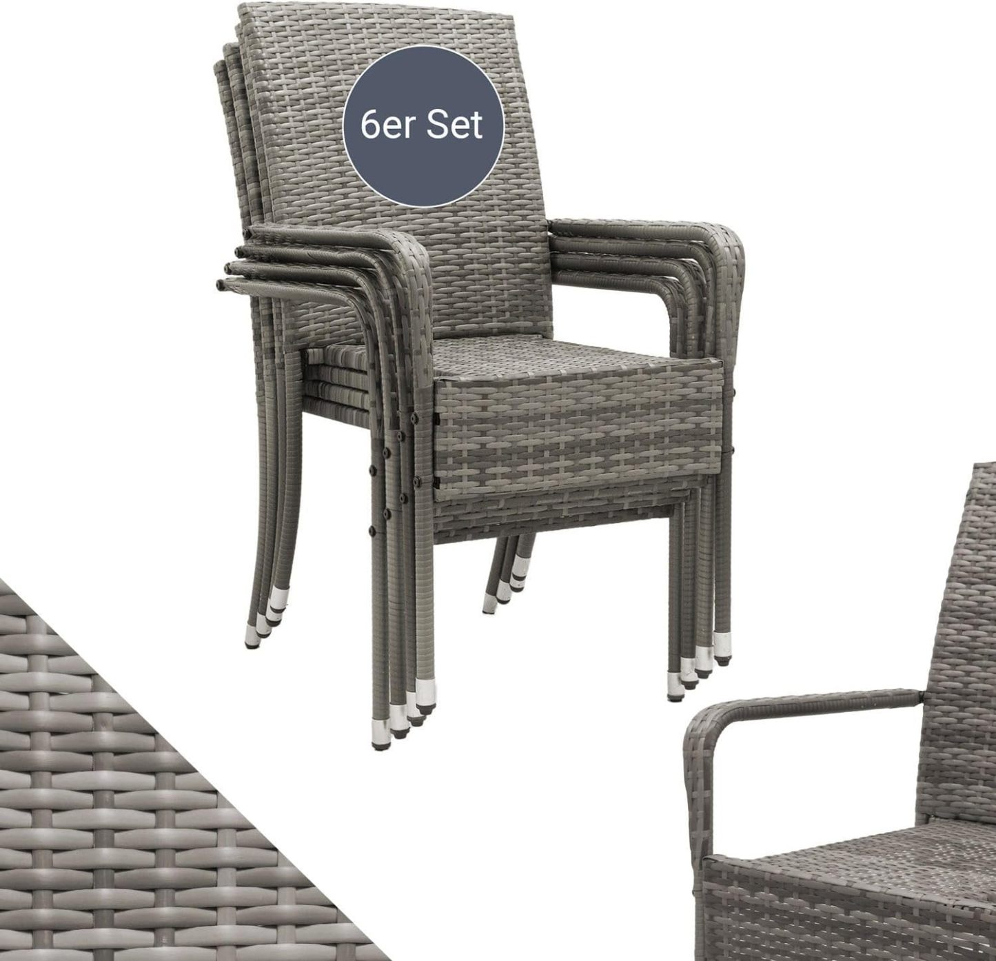 Juskys Ensemble de 6 chaises de jardin Yoro en rotin gris chiné avec accoudoirs, empilables, 56 x 60 x 90 cm-Luxemybase