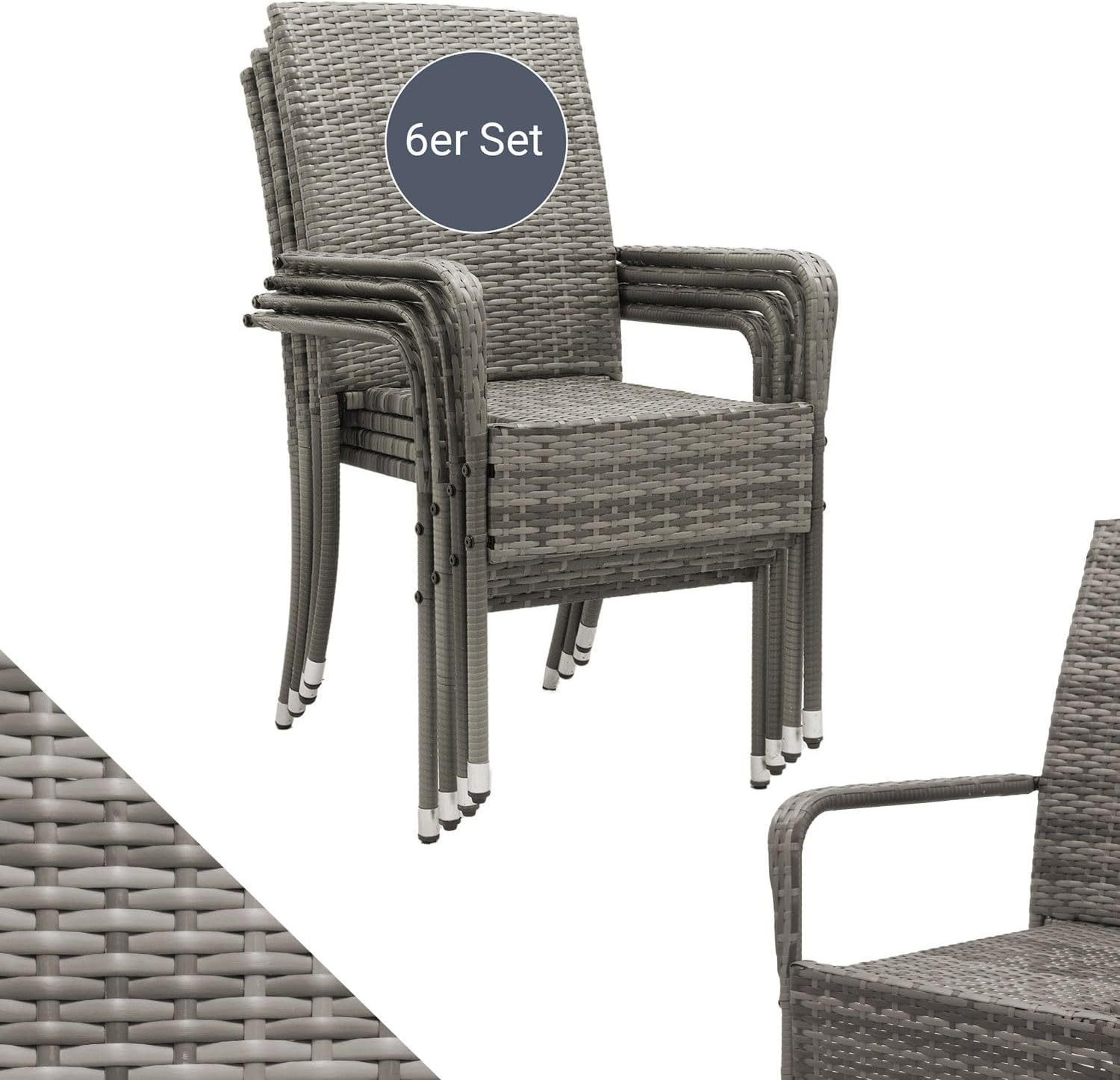 Juskys Ensemble de 6 chaises de jardin Yoro en rotin gris chiné avec accoudoirs, empilables, 56 x 60 x 90 cm-Luxemybase