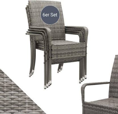 Juskys Ensemble de 6 chaises de jardin Yoro en rotin gris chiné avec accoudoirs, empilables, 56 x 60 x 90 cm-Luxemybase