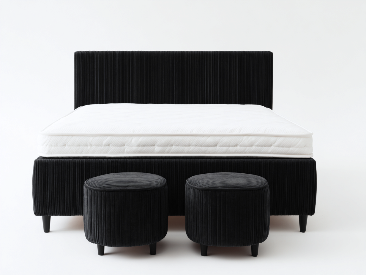Lit double rembourré avec poufs 200x160x110 cm - noir - design contemporain pour chambre-Luxemybase