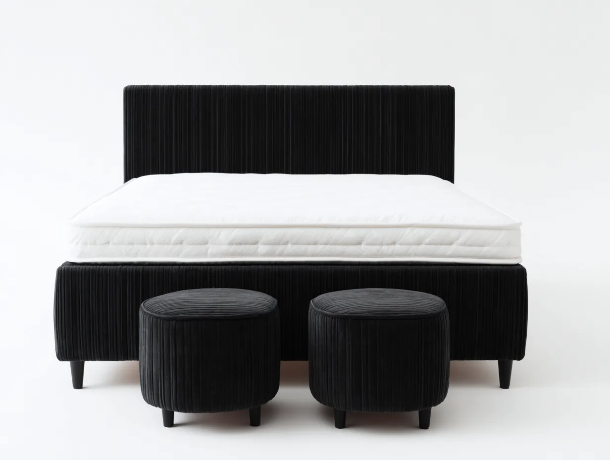 Lit double rembourré avec poufs 200x160x110 cm - noir - design contemporain pour chambre-Luxemybase
