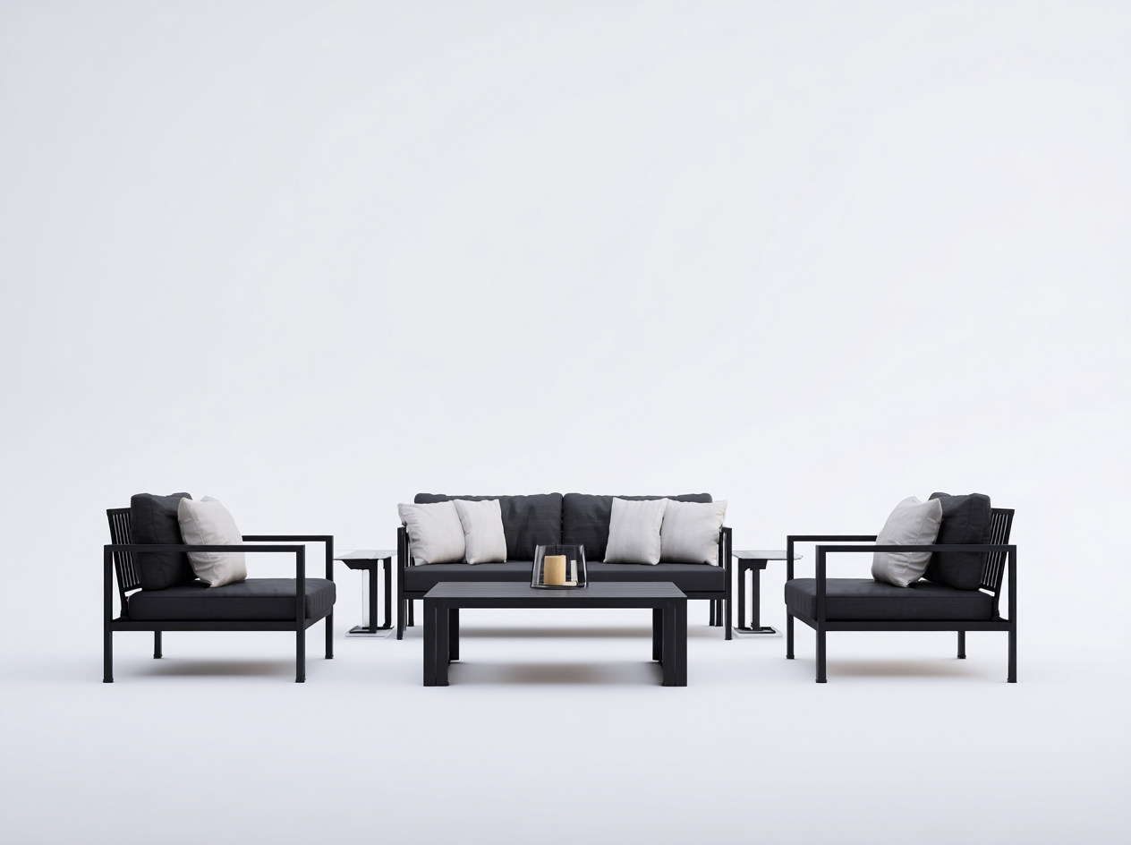 Ensemble canapé de jardin en métal 180x75x70 cm avec fauteuils 70x75x70 cm et table 110x60x40 cm - noir - style moderne pour extérieur-Luxemybase