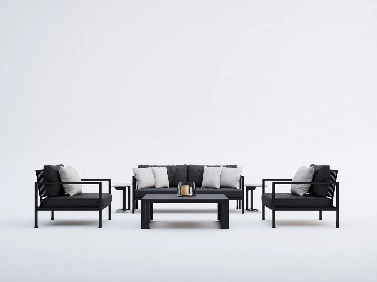 Ensemble canapé de jardin en métal 180x75x70 cm avec fauteuils 70x75x70 cm et table 110x60x40 cm - noir - style moderne pour extérieur-Luxemybase