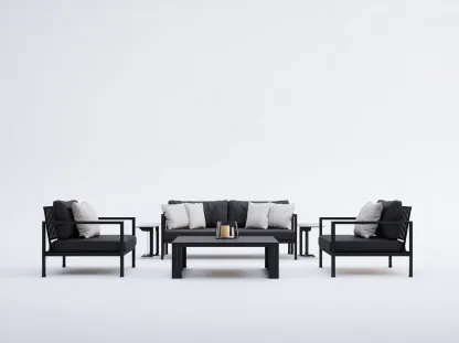 Ensemble canapé de jardin en métal 180x75x70 cm avec fauteuils 70x75x70 cm et table 110x60x40 cm - noir - style moderne pour extérieur-Luxemybase