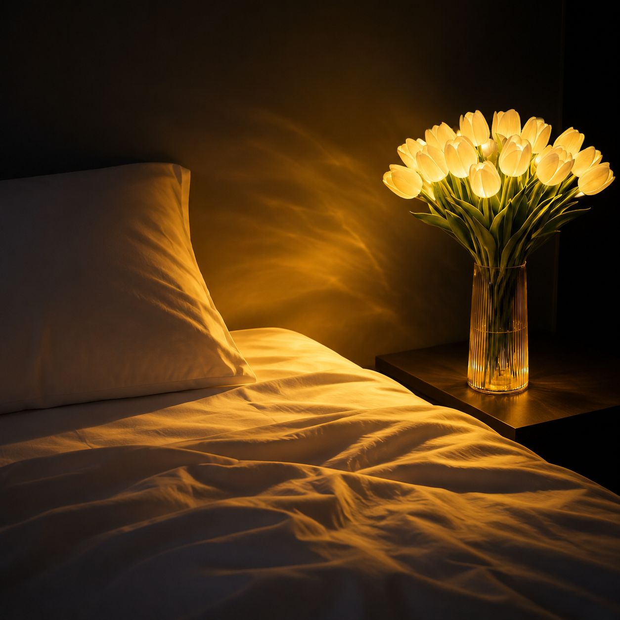 Soft glowing tulip night light on bedside table