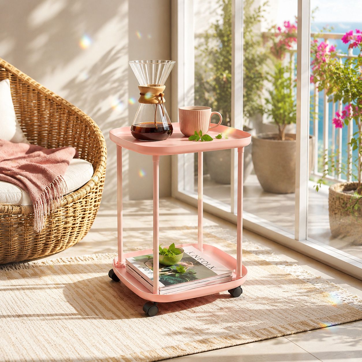 Sofa side table holding tea set and books