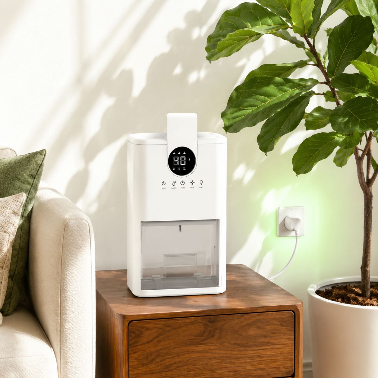 Mini dehumidifier on a closet shelf